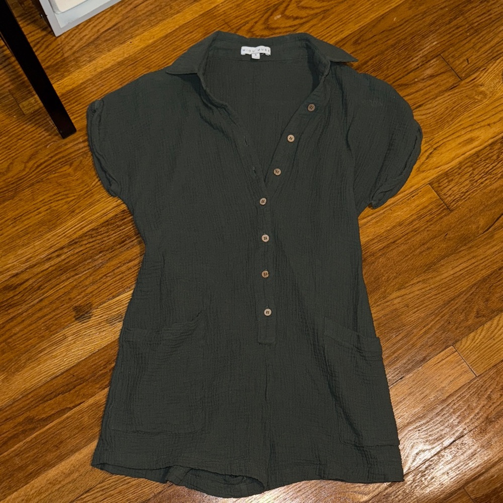Dark Green Button-Up Romper